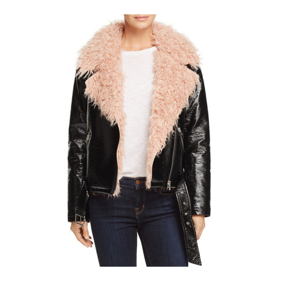 Designer ROCK CHIC Moto Jacket Pink Faux Fur Black Leather - Picture 5 of 9